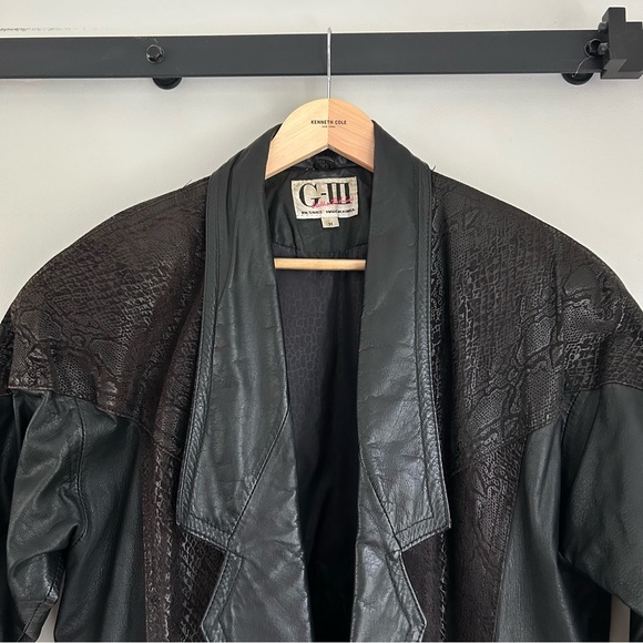 Vintage 80s Black Leather Coat Jacket Large Shoulders - Picture 3 of 16